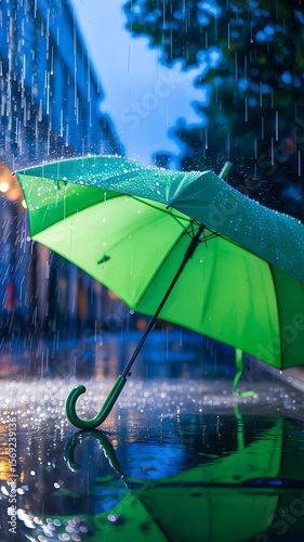 Wallpaper Mural green umbrella in rain with city street reflection and water drops
 Torontodigital.ca