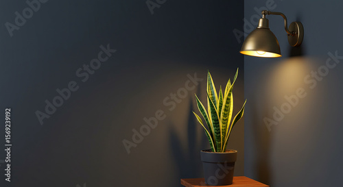 Serene Snake Plant basking under the Golden Glow of a Vintage Wall Sconce in a Modern Minimalist Room showcasing moody