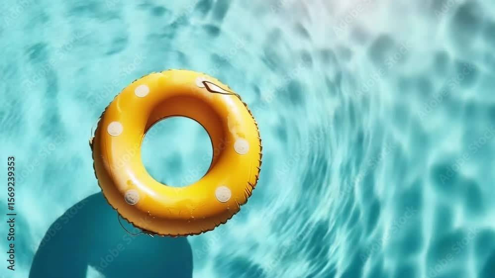 A bright yellow inflatable pool float with white polka dots rests on the surface of a clear blue swimming pool. Sunlight reflects off the water.