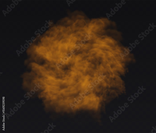 Vector orange cloud. Fog smoke effect on transparent dark background.