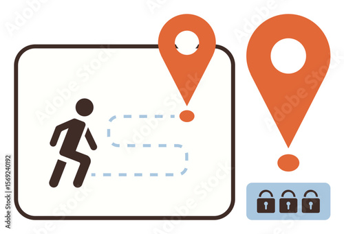 Person following a dashed path between location pins, highlighting movement to destination and security locks. Ideal for navigation, travel, safety, goal-setting, progress, direction, roadmap simple