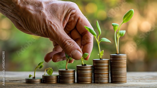 Wallpaper Mural hand arranging stacked coins with growing plants representing financial growth and investment
 Torontodigital.ca