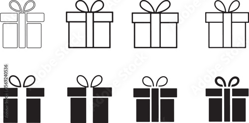 Gift Box Icon Collection – Black and Outline Vector Presents with Ribbons and Bows