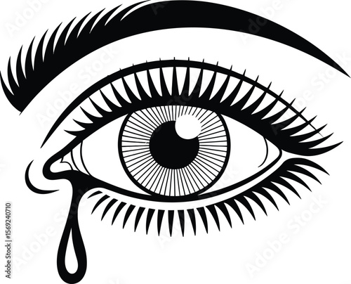 Crying Eye Icon - Black Tear Drop Vector Illustration