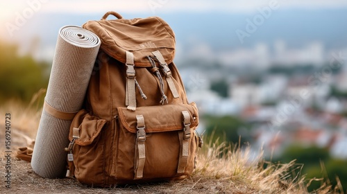 Backpack with hiking gear and yoga mat on grassy hill during golden hour with mountain landscape in background