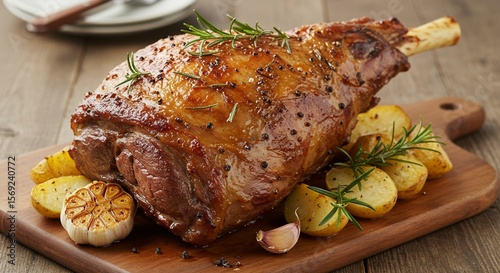 A roasted leg of lamb with rosemary sprigs.