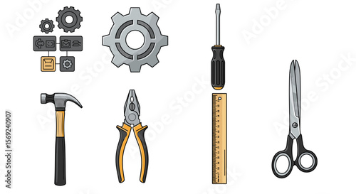 Illustration of various tools including gears, flowchart, hammer, pliers, ruler and scissors tools