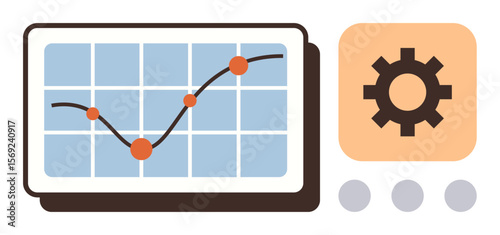 Line graph with data points on grid, gear for settings or optimization, circles for interface design. Ideal for analytics, strategy, process improvement, technology, management, efficiency simple