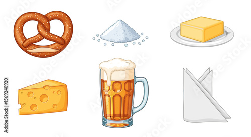 Illustration of a pretzel, salt, butter, cheese, beer, and a napkin arranged on a white background