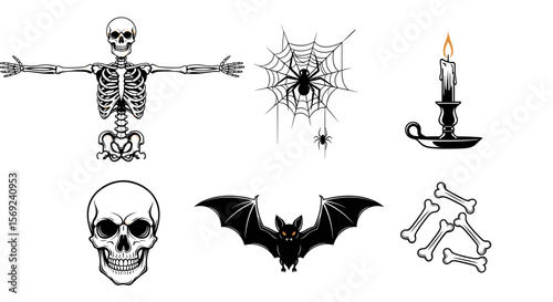 Collection of halloween themed drawings featuring a skeleton, skull, bat, spiderweb, candle, and bones