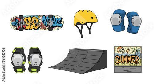 Illustration showing skateboard with graffiti, helmet, knee pads, ramp, and summer themed art piece