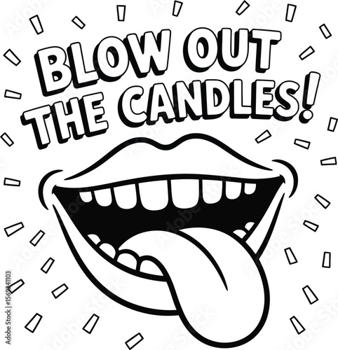 Cartoon mouth with tongue out blowing out candles for a celebration comic style illustration