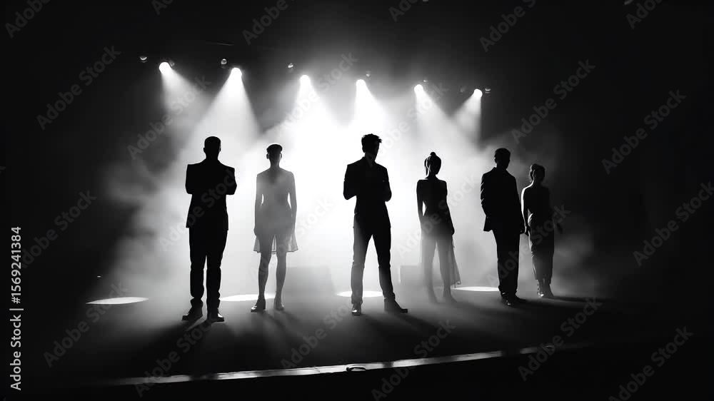 Black and white flashback style motion cut of performers silhouetted on stage with spotlights beaming into haze