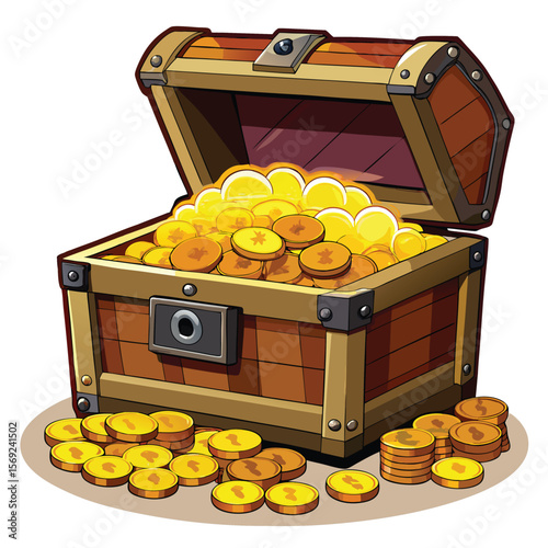 A classic pirate treasure chest overflowing with sparkling gold coins and gems, symbolizing wealth and adventure.