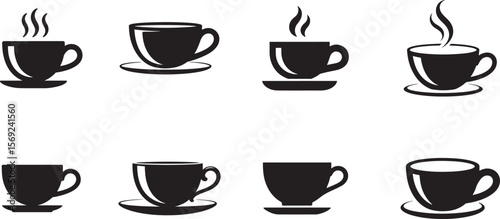 Coffee and Tea Cup Icon Set – Black Vector Silhouettes of Hot Drink Mugs on Saucers