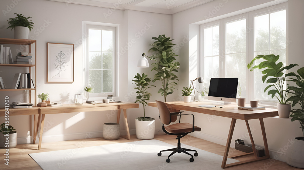 Fototapeta premium Remote Work Series - Professional Home Office with Apple Computer and Ergonomic Chair