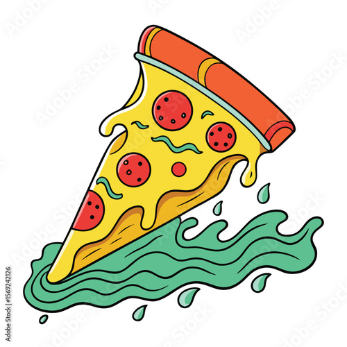A playful pizza slice riding thrilling tomato sauce waves, a creative and humorous take on culinary adventure.