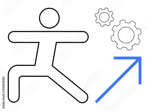 Abstract figure in active stance with two gears and a blue upward arrow. Ideal for growth, progress, teamwork, innovation, self-development, technology, simple landing page
