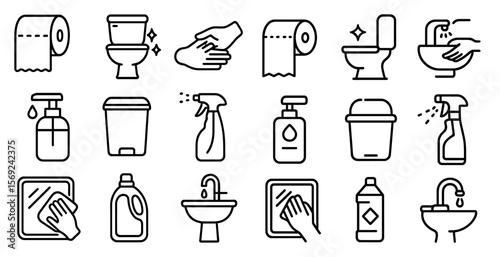 Set of icons for a bathroom, including a toilet, sink, and cleaning supplies. The icons are drawn in a simple, minimalist style, with a focus on cleanliness and hygiene