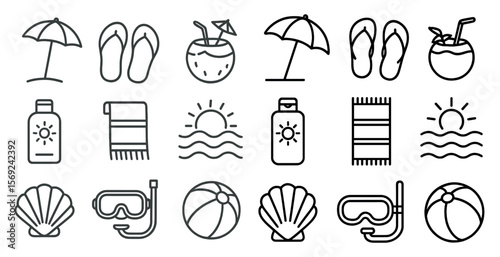 Collection of beach-related icons, including a beach umbrella, flip flops, and a beach towel