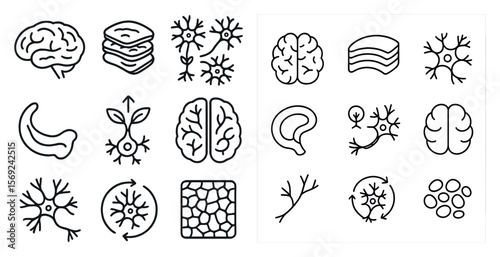 The image is a collection of various brain and nerve cell icons. The icons are arranged in a grid, with some overlapping each other. Scene is scientific and informative