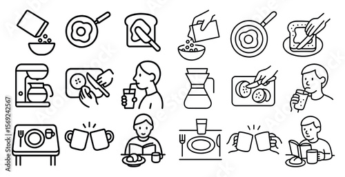 Series of black and white icons depicting various breakfast foods and activities. The icons include a man drinking coffee, a woman eating toast, a man reading a book, and a woman holding a cup