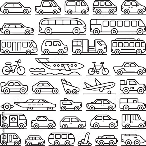 Collection of Line Art Transportation Icons Cars, Buses, Bikes, Airplanes, and More