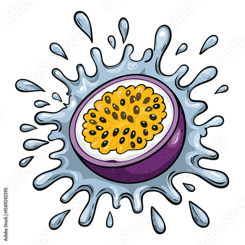 Passion Fruit splash Colorful Vector in Adorable Comic Style with Expressive Lines.