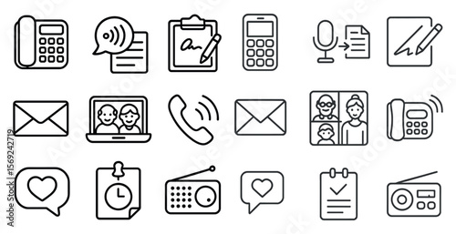 Set of icons for a phone app. The icons include a phone, a calculator, a clock, a calendar, a keyboard, a microphone, a camera, a pen, a book, a computer, a radio, a TV