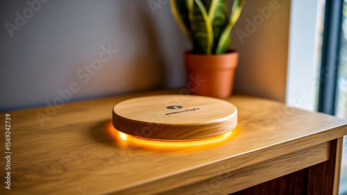 Wallpaper Mural wooden smart wireless charger with glowing orange light on wooden table
 Torontodigital.ca