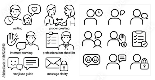 Set of icons for a communication app. The icons include a man shaking hands with a woman, a man and woman talking, a man and woman holding hands, a man and woman hugging, a man and woman kissing