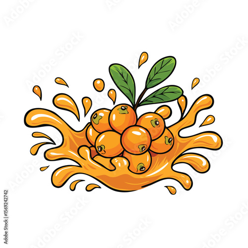 Sea Buckthorn splash Colorful Vector in Adorable Comic Style with Expressive Lines.