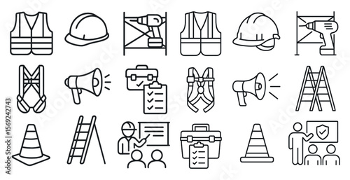 Set of construction safety symbols. The symbols include a hard hat, a ladder, a tool belt, a safety vest, a safety sign, a safety harness, a safety helmet, a safety cone, a safety box
