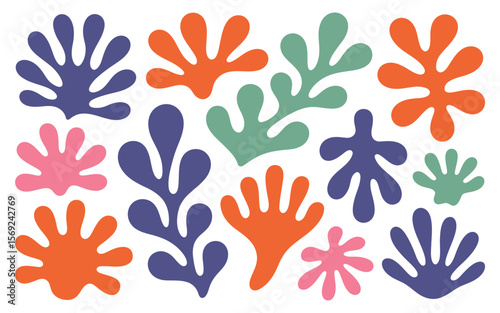 Colorful abstract seaweed and coral inspired paper cut shapes on white background

