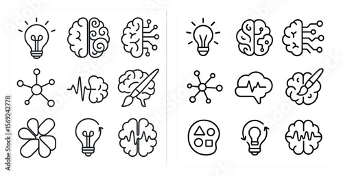 The image is a set of brain icons, including a light bulb, a rocket, and a heart. The icons are arranged in a grid, with some overlapping and others standing alone. Scene is one of creativity