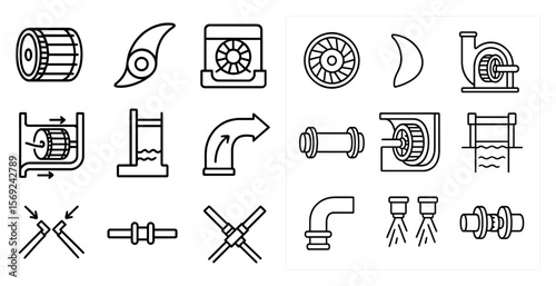 Collection of mechanical symbols and drawings. Scene is industrial and mechanical. The symbols and drawings represent various parts of a machine or system, such as pipes, valves, and pumps