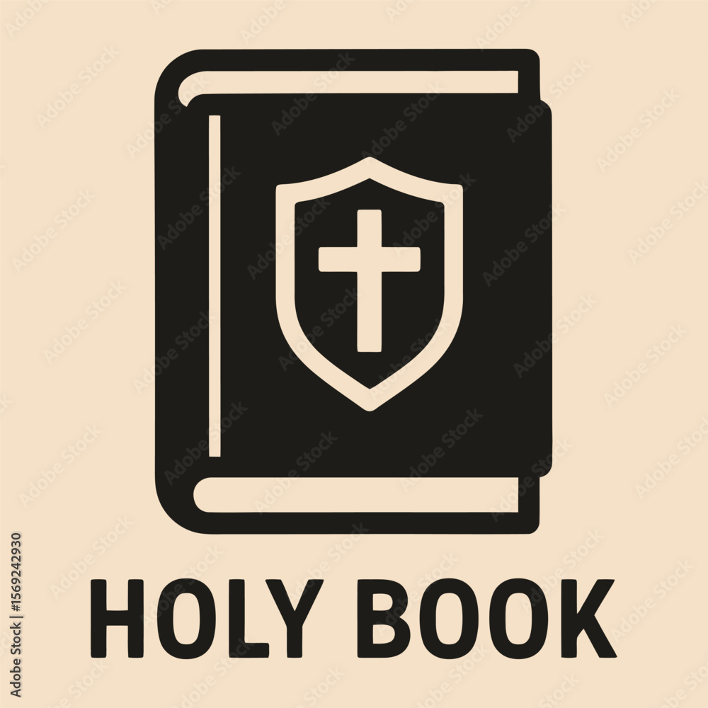 Obraz premium Holy book icon with cross on shield. Vector flat graphic.
