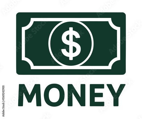 Dark green money icon with text and dollar sign. Vector art.
