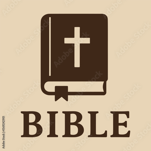 Closed brown Bible icon with cross and bookmark. Vector.