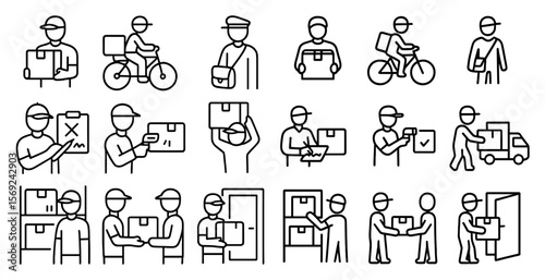 Series of black and white illustrations of people handling packages. The mood of the images is serious and focused on the task of delivering packages