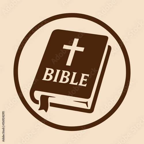 Angled closed Bible icon in brown with circle frame. Vector.