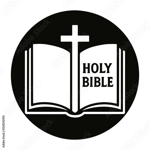 Black and white open Bible icon with text. Vector image.
