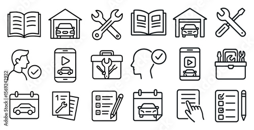 Set of icons for car maintenance and repair. The icons include a book, a wrench, a car, a calendar, a cell phone, a pen, a car repair shop, a car repair manual, a car repair toolbox