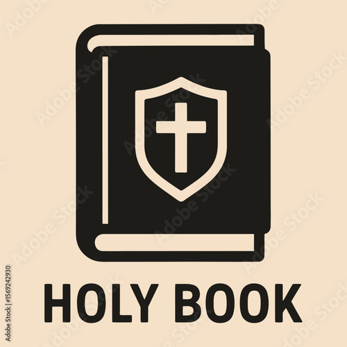 Holy book icon with cross on shield. Vector flat graphic.