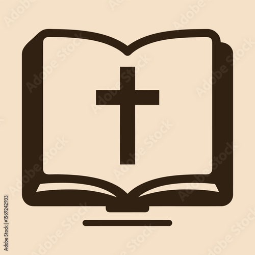 Bold open Bible icon with cross on cream background. Vector.