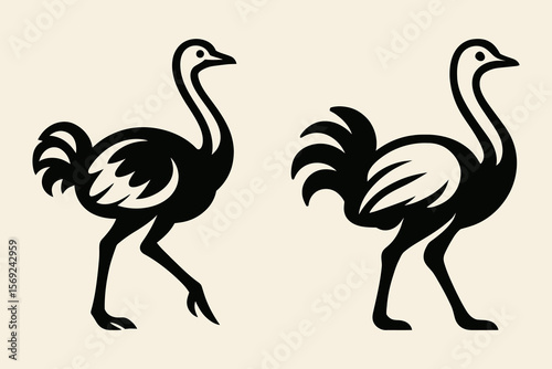 Two stylized running ostrich outlines in dark style.