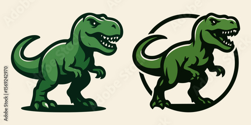 Cartoonish green T‑rex dinosaur with circle backdrop.