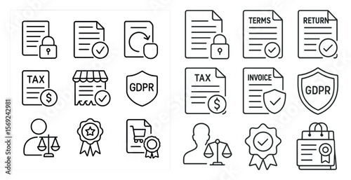 Set of icons for various legal documents, including tax forms, GDRP, GDPR, and other legal documents. The icons are all in black and white and are arranged in a grid