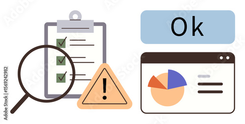 Checklist with checkmarks under magnifying glass, warning sign, Ok approval text, and analytical dashboard elements. Ideal for quality control, productivity, analytics, processes, approval