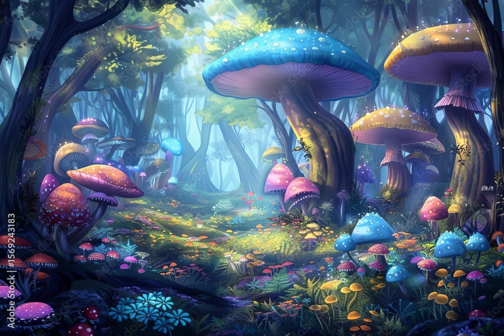 Obraz premium A vibrant, digitally rendered forest scene filled with diverse, colorful mushrooms and lush vegetation, lit by ethereal light.